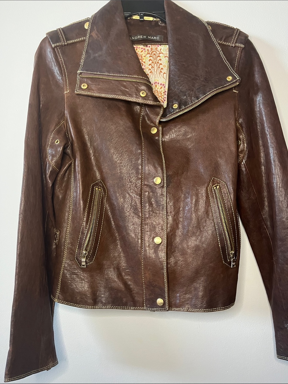 Andrew Marc Brown Y2K vintage leather jacket snap zip front moto jacket